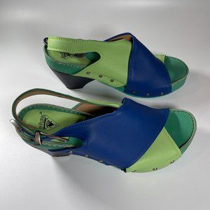 Fluevog "Sarah" sandals, blue and green, size 9